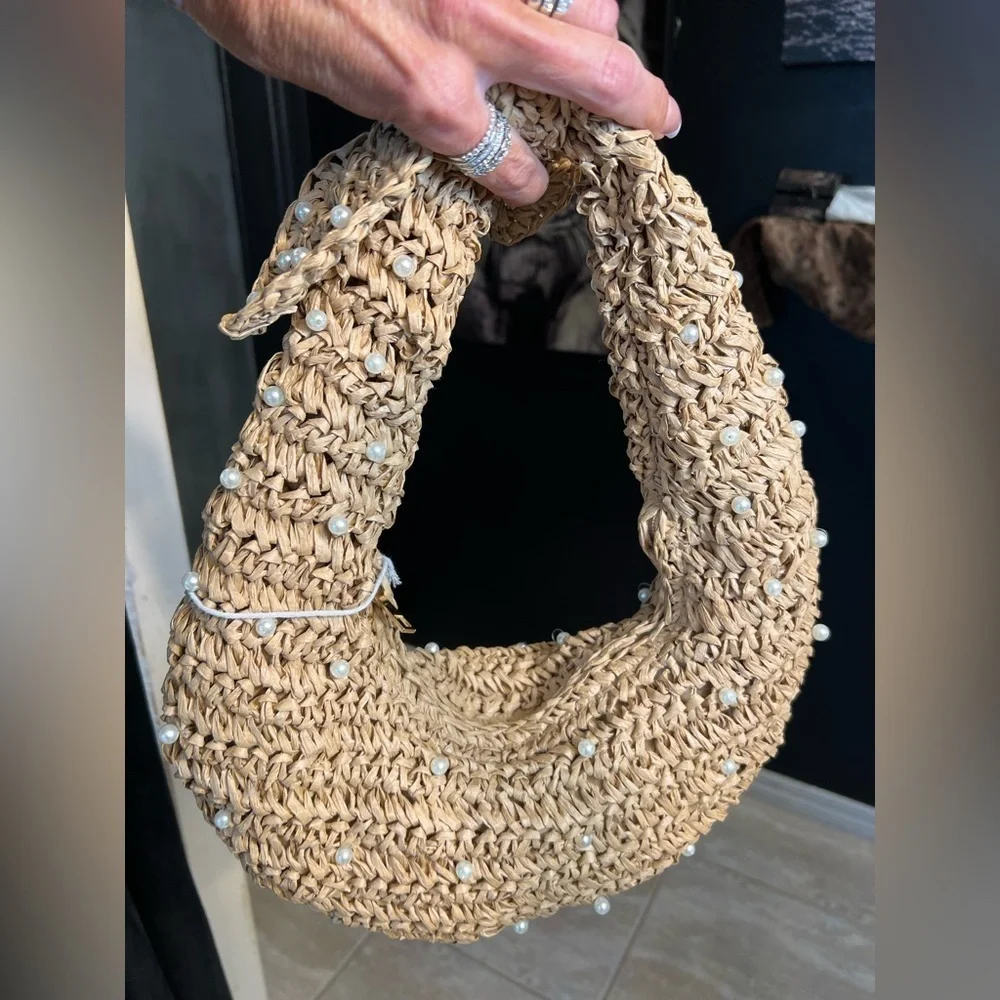 Haute Hippie Tan Woven Pearl-Embellished Hobo Bag